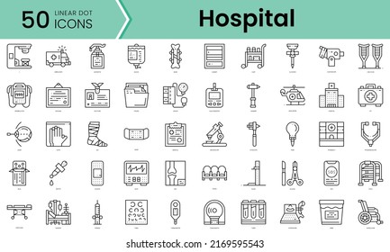 paquete de Icons del hospital. Iconos de estilo punto lineal. Ilustración del vector