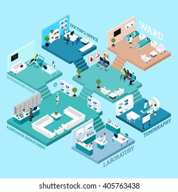 Hospital icons Isometric abstract scheme with various rooms staff  equipment and interior connected by stairs  vector illustration