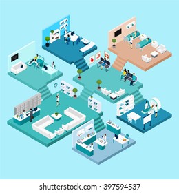 Hospital Icons Isometric Scheme With Different Cabinets And Rooms On Different Floors Connected By Stairs Vector Illustration