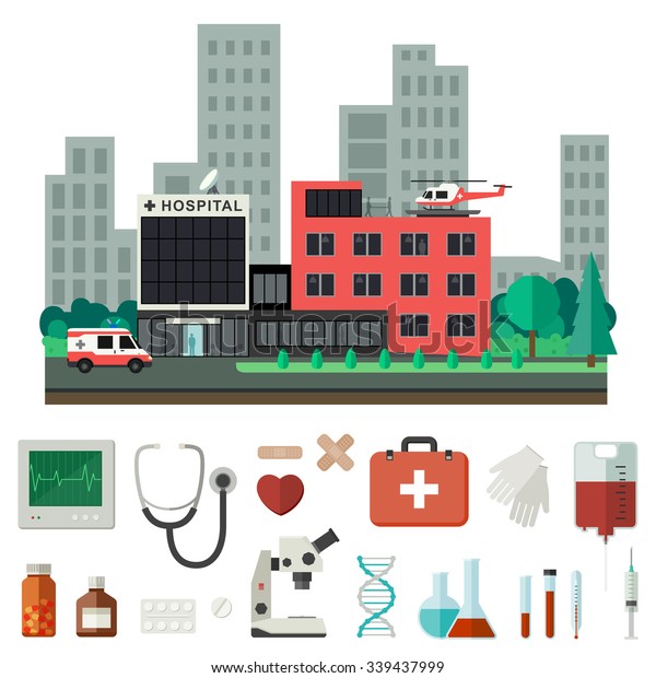 Hospital with icons of medical\
instruments and drugs in flat style. Vector medicine\
banner.