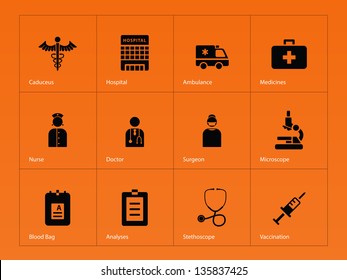 Hospital icons on orange background. Vector illustration.