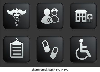 Hospital Icons on Square Black Button Collection Original Illustration