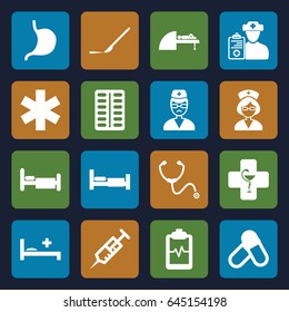 Hospital icons set. set of 16 hospital filled icons such as bed, syringe, pill, scalpel, stomach, medical sign, heartbeat clipboard, mri, doctor, nurse, stethoscope