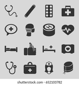 Hospital icons set. set of 16 hospital filled icons such as bed, heartbeat, case with heart, first aid kit, stethoscope, pill, medical mask, nurse, nurse hat, injured finger