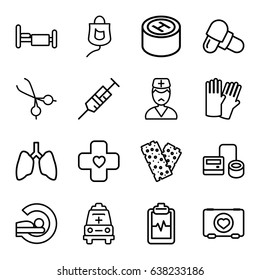 Hospital icons set. set of 16 hospital outline icons such as glove, case with heart, syringe, blod pressure tool, pill, mri, bed, bandage, heartbeat clipboard, drop counter