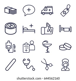 Hospital icons set. set of 16 hospital outline icons such as tablet, medical cross tag, drop counter, bed, bandage, medical scissors, injured finger, ambulance, nurse