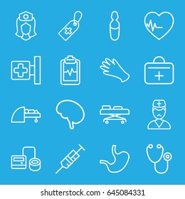 Hospital icons set. set of 16 hospital outline icons such as gloves, medical cross, stethoscope, syringe, blod pressure tool, medical cross tag, heartbeat clipboard, nurse