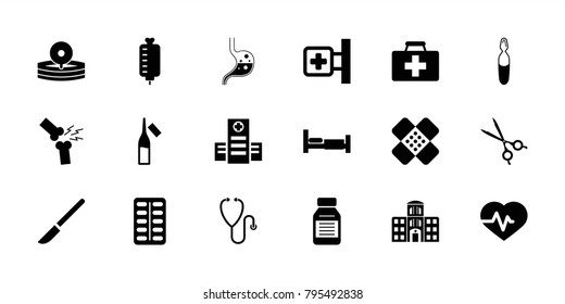 Hospital icons. set of 18 editable filled hospital icons: bed, heartbeat, first aid kit, medical cross, ampoule, medical ampoule, medicine, bandage, broken leg or arm