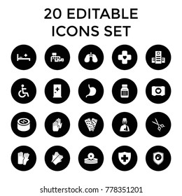 Hospital icons. set of 20 editable filled hospital icons such as aid post, glove, gloves, case with heart, stomach, lungs. best quality hospital elements in trendy style.