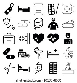 Hospital icons. set of 25 editable filled and outline hospital icons such as paints, heartbeat, medical cross tag, pill, bed, hospital, doctor with medical reflector