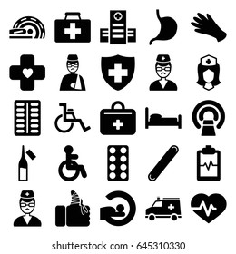 Hospital icons set. set of 25 hospital filled icons such as disabled, gloves, heartbeat, first aid kit, hospital, pill, ampoule, mri, stomach, medical sign