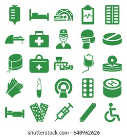 Hospital icons set. set of 25 hospital filled icons such as gloves, first aid kit, syringe, pill, drop counter, mri, bed, disabled, medical mask, bandage, heartbeat clipboard