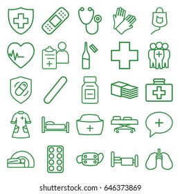 Hospital icons set. set of 25 hospital outline icons such as gloves, first aid kit, stethoscope, pill, ampoule, bandage, bed, lungs, medical sign, drop counter, nurse hat