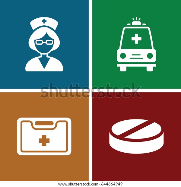 Hospital icons set. set of 4 hospital\
filled icons such as pill, medical kit,\
ambulance