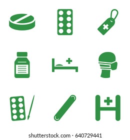 Hospital icons set. set of 9 hospital filled icons such as paints, medical cross tag, pill, medical mask, hospital, medicine, bandage