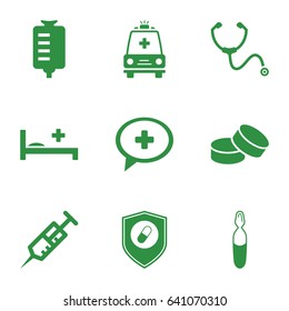 Hospital icons set. set of 9 hospital filled icons such as tablet, syringe, drop counter, medical ampoule, medical cross, ambulance, health insurance, stethoscope