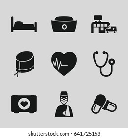 Hospital icons set. set of 9 hospital filled icons such as case with heart, stethoscope, pill, nurse hat, man with broken arm, heartbeat, hospital