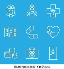 Hospital icons set. set of 9 hospital outline icons such as aid post, blod pressure tool, pill, nurse, heartbeat, hospital building, pharmacy, doctor with medical reflector