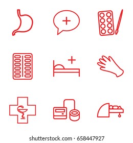 Hospital icons set. set of 9 hospital outline icons such as paints, gloves, blod pressure tool, pill, stomach, medical cross, mri, medical bed