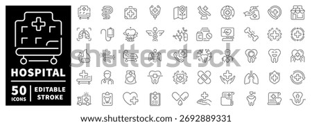 Hospital icons set. editable line icons, linear medical and healthcare symbols