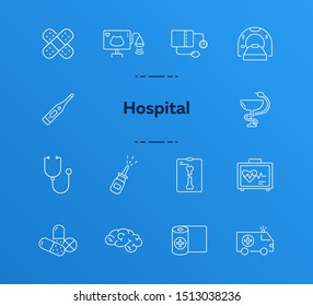 Hospital icons. Set of line icons. Digital thermometer, vision test, brain. Ambulance concept. Vector illustration can be used for topics like medicine, healthcare, medical exam