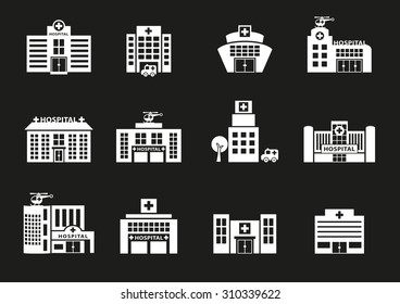 hospital icons set on black background, vector