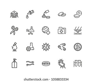 Hospital icons. Set of twenty line icons. Surgery, operating room, laboratory. Medicine concept. Vector illustration can be used for topics like medical care, treatment, diagnostics.