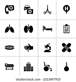 Hospital icons. vector collection filled hospital icons. includes symbols such as car first aid kit, wheelchair, patch, microscope. use for web, mobile and ui design.
