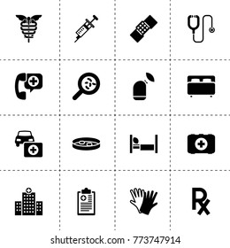 Hospital icons. vector collection filled hospital icons. includes symbols such as bacteria, car first aid kit, gloves, stethoscope. use for web, mobile and ui design.
