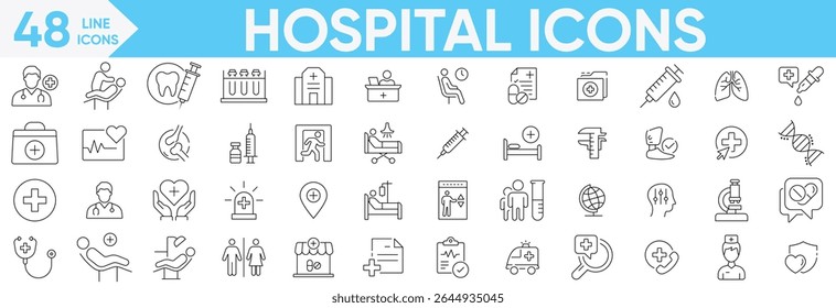 Hospital icons Vector and illustrator set. doctor, nurse, equipment, stethoscope, professionals for use in medical applications, websites, infographics and more.