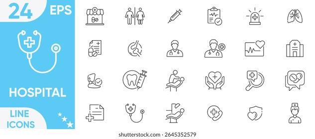 Hospital icons Vector and illustrator set. doctor, nurse, equipment, stethoscope, professionals for use in medical applications, websites, infographics and more.