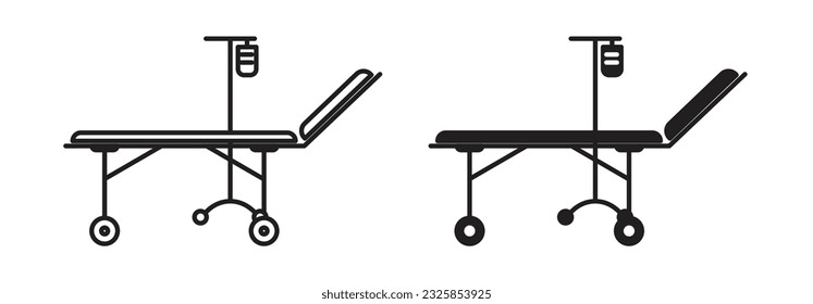 Hospital icu patient bed line icon set. Treatment room bed vector symbol. Hospital stretcher bed icon set. Medic trolley sign. Nursing bed symbol.