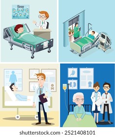 Hospital illustration with doctor and patient icons. Colorful cartoon vector. Suitable for health education materials, children's illustration or medical projects.