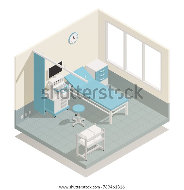 Hospital intensive care unit life support and monitoring\
medical equipment with patient bed isometric composition vector\
illustration 