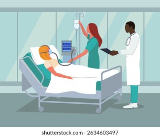 Hospital. Intensive care unit. The patient, the nurse, and the doctor. A woman on a ventilator.