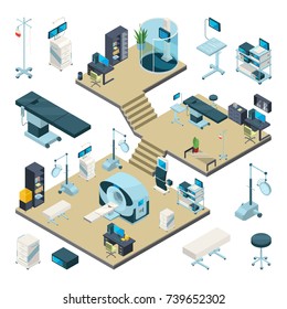 Hospital interior with different medical equipment. Clinically cabinets. Consulting and operating rooms. Isometric hospital equipment, interior of cabinet with x-ray and mrt. Vector illustration