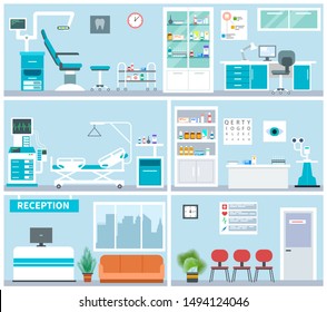 Hospital Interior. Empty Clinical Office Indoor. Doctor Waiting Examination Room, Surgery. Medical Hospitalization Vector Flat Concept