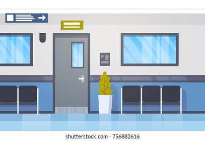 Hospital Interior Empty Hall With Seats And Door Modern Clinic Corridor Flat Vector Illustration