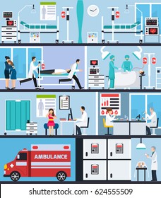 Hospital interior flat compositions with ambulance car nurses with patient on stretcher doctors in operating room vector illustration   