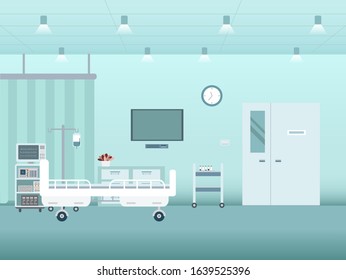 Hospital interior in inpatient room with bed and amenities vector illustration