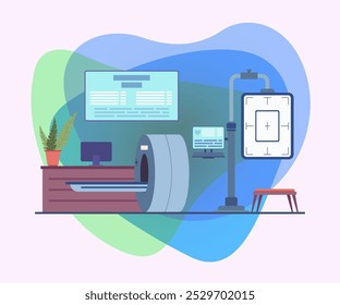 Interior del hospital con equipo de tomografía por resonancia magnética. Ilustración vectorial con herramientas de diagnóstico médico. Salud musculoesquelética, tomografía, concepto de tratamiento