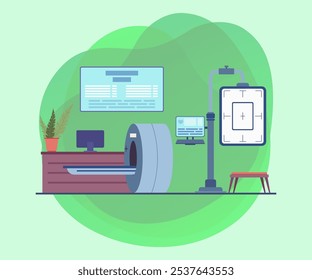 Hospital interior with magnetic resonance tomography equipment. Vector illustration with medical diagnostic tools. Musculoskeletal health, tomography, treatment concept