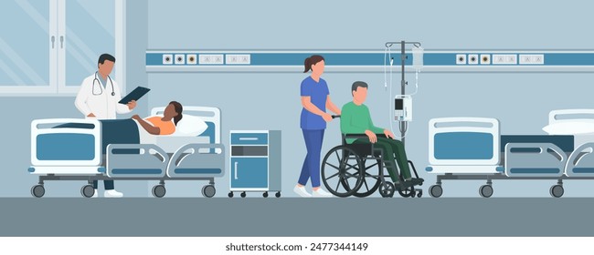 Hospital interior with medical staff at work and patients, healthcare and medicine concept