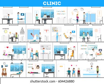 Hospital interior set. All kinds of treatment as prenatal, surgery, laboratory and more.