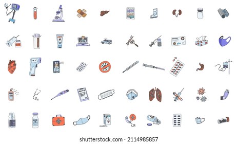 Hospital Inventory And Life Support Apparatus. Vector Doodle Sketch Stock