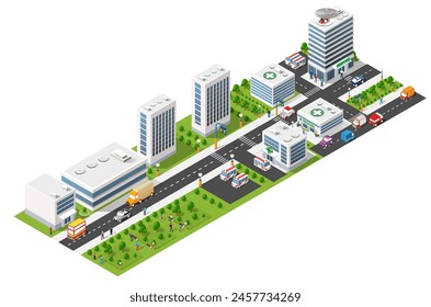 Hospital Isometric 3d Building Health Urban of architecture Infrastructure ambulance and modern house concept icon