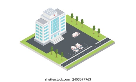 Ilustración isométrica del hospital. Vector de concepto médico. Edificio del hospital 3d.