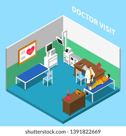 Hospital isometric interior composition with text and indoor scenery of doctors office with equipment and furniture vector illustration