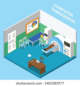 Hospital isometric interior composition with view of room equipped with computer tomography medical apparatus with text vector illustration
