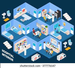 Hospital Isometric Interior With Medical Staff And Patients Vector Illustration